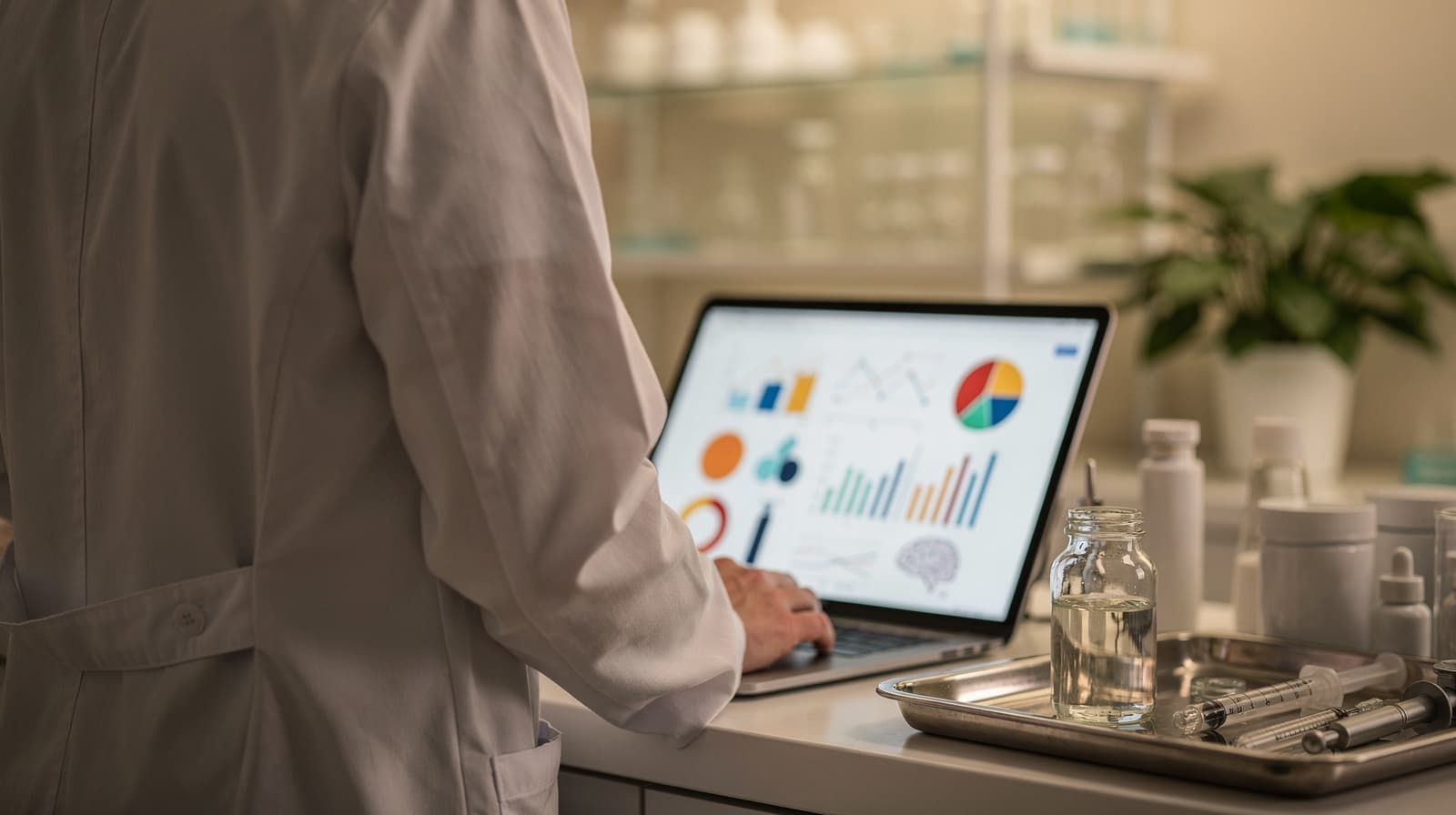 Nevrolog gjennomgår kognitivt kartleggingsskjema ved siden av et hetteglass med peptidløsning i et klinisk forskningsmiljø.