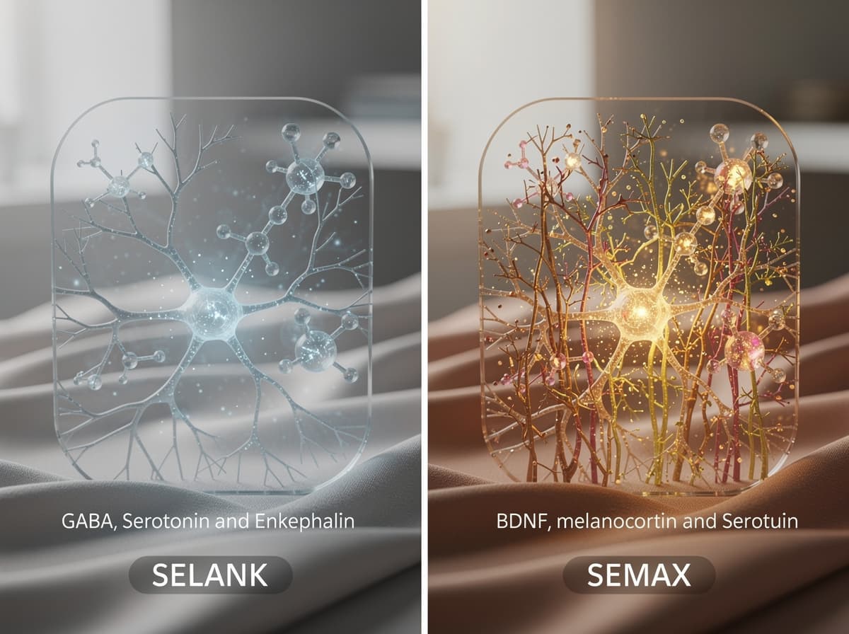 Skjematisk sammenligning av Selanks GABA-serotonin-enkefalin-profil og Semax' BDNF-melanokortin-serotonin-profil.