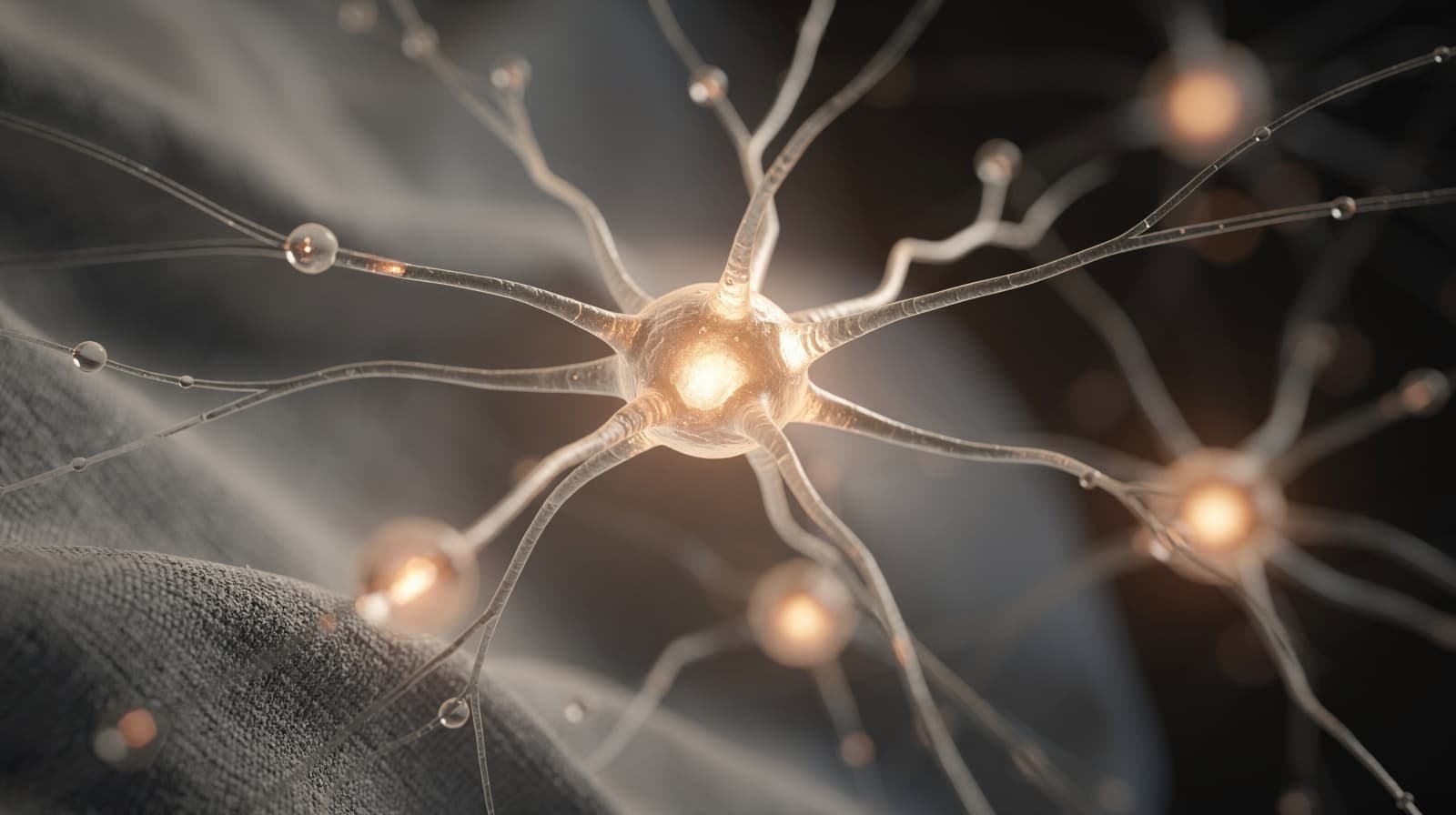 Neuron network illustration with highlighted synaptic connections representing peptide effects on attention and cognitive focus.