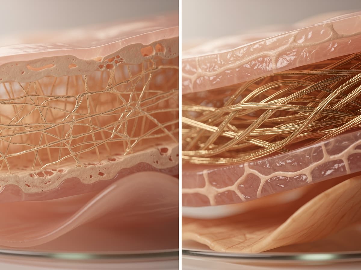 Comparison of collagen deposition in wound tissue with and without GHK-Cu, showing markedly thicker collagen bundles in the treated sample.