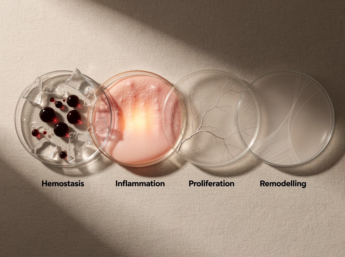 Diagram of the four phases of tissue repair: hemostasis, inflammation, proliferation, and remodelling, with peptides mapped to each phase.