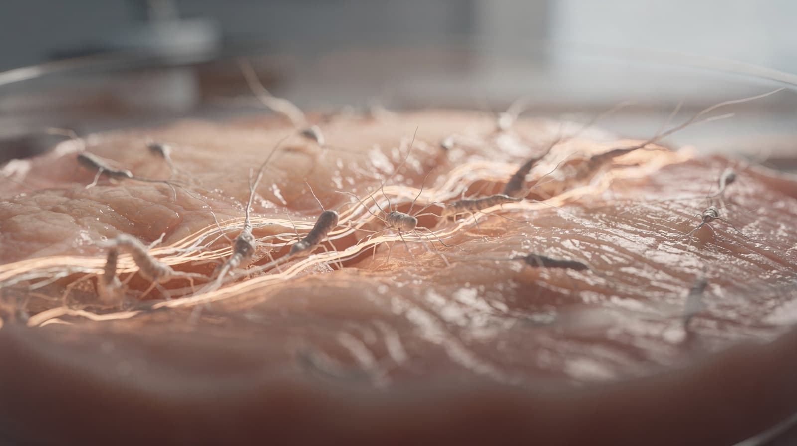 Microscope view of fibroblasts migrating across a wound bed during peptide-supported tissue repair research.