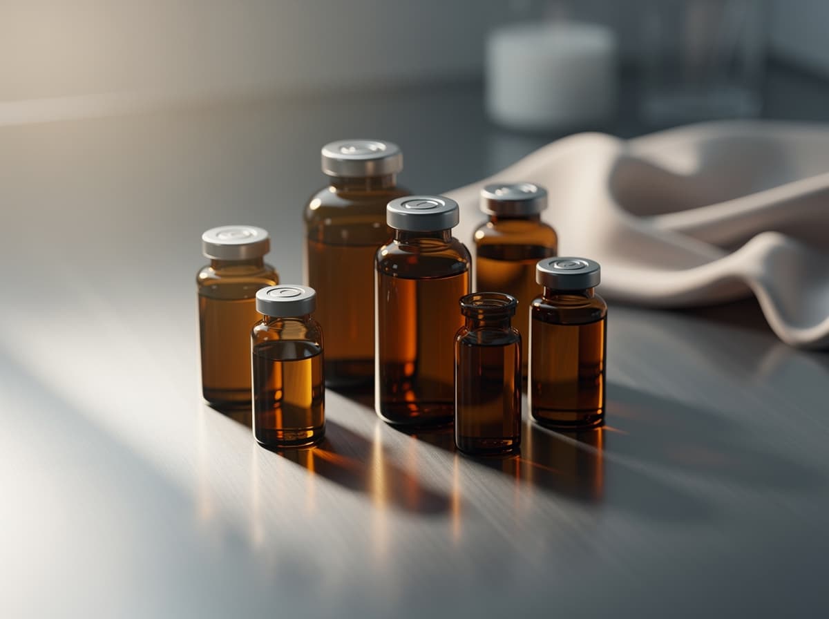 Several unlabeled amber glass vials of varying sizes clustered on a brushed steel lab bench under soft directional light, no text or markings visible
