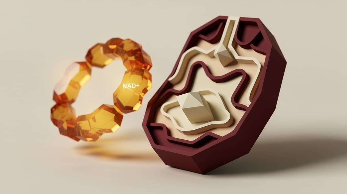 Conceptual illustration of cellular mitochondria with a warm amber NAD+ molecular accent, representing peptide approaches to longevity biology.