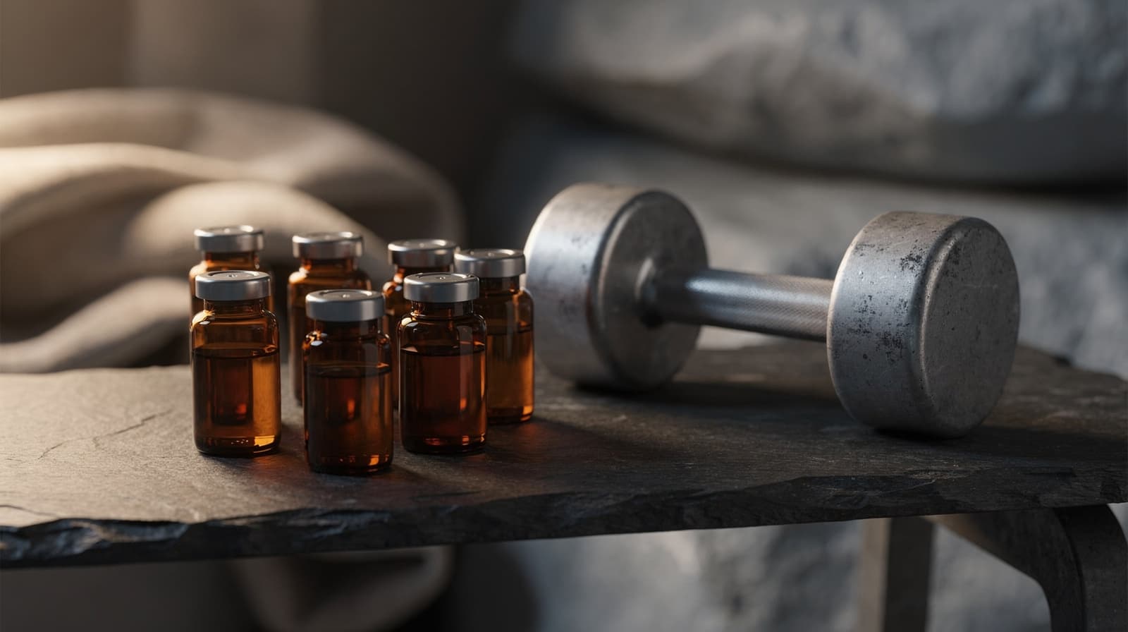 Ravgule flasker med peptider og en stål-manual på en skiferbenk i mildt morgenlys, et stilleben for peptider for menn.