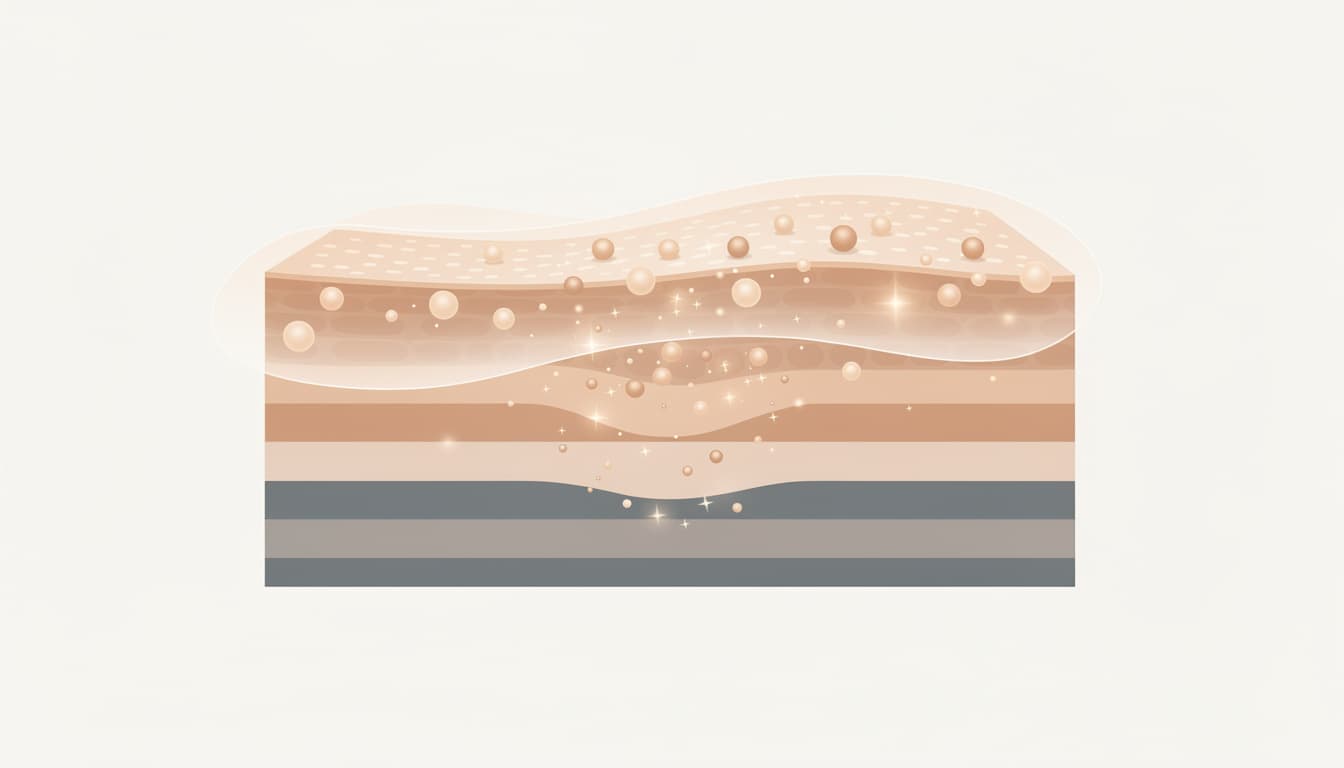 Cross-section illustration of skin layers showing a hydrophilic peptide held at the stratum corneum while a carrier-encapsulated form reaches the dermis.