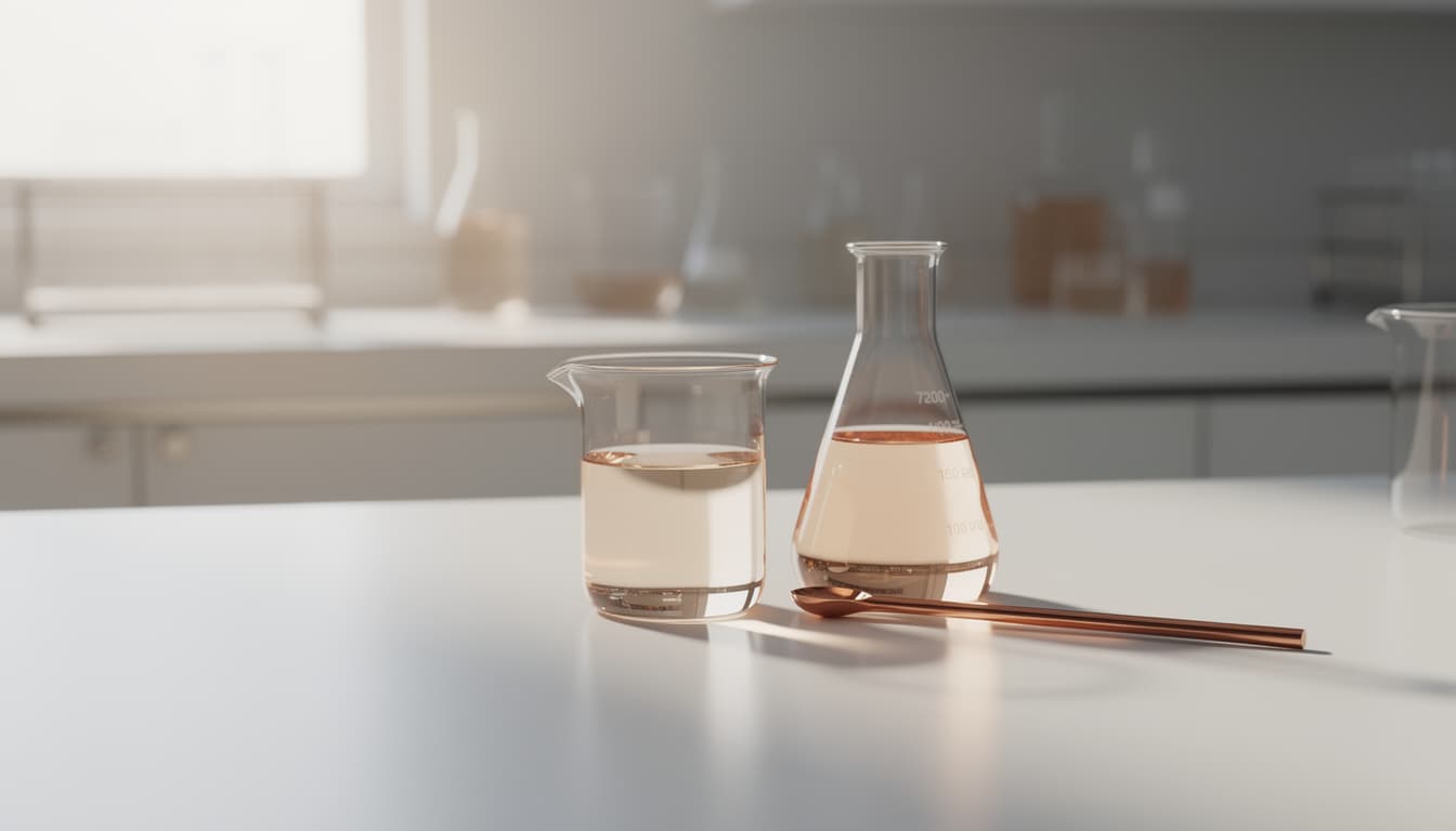 Laboratory glassware and a copper-toned peptide solution on a clean research bench, representing topical copper tripeptide formulation science.