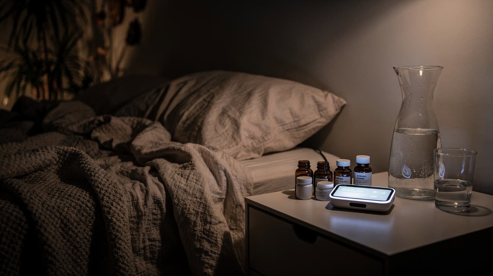 Dempet soverom om natten med søvntracker som lyser på nattbordet, illustrerer peptidprotokoller for søvnarkitektur og restitusjon.