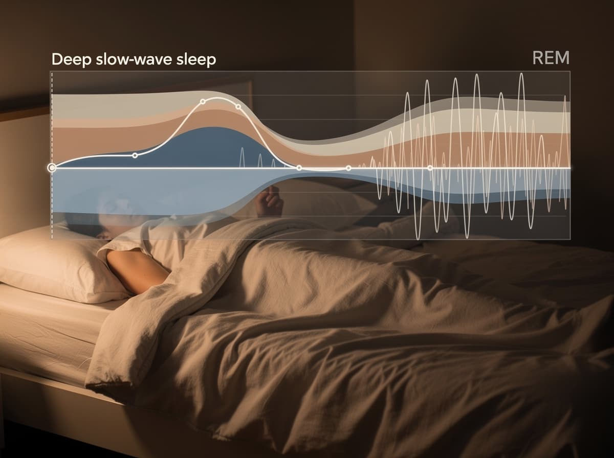Diagram som viser de fire søvnstadiene gjennom en natt, med dyp slow-wave-søvn konsentrert i første halvdel og REM dominerende i andre halvdel.