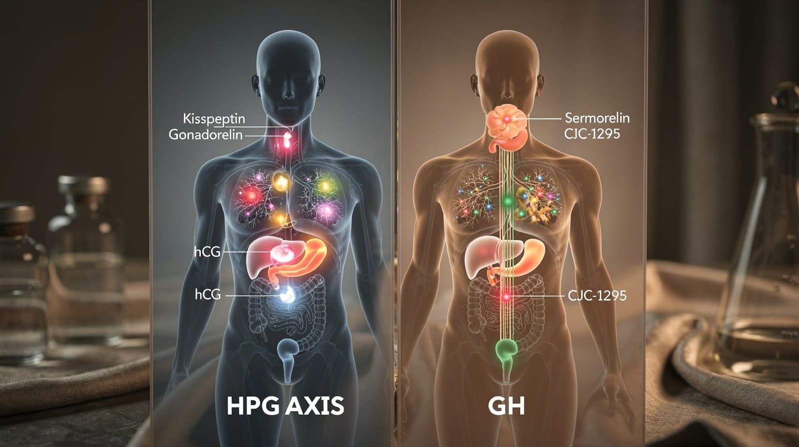 Todelt diagram som kontrasterer HPG-aksen og GH-aksen, med kisspeptin, gonadorelin, hCG, sermorelin og CJC-1295 markert ved inngangspunktene.