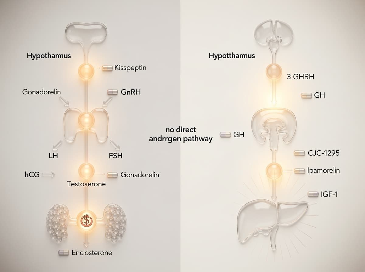 To parallelle akser side om side: HPG-aksen til venstre med kisspeptin, gonadorelin og hCG, GH-aksen til høyre med ipamorelin, CJC-1295 og sermorelin