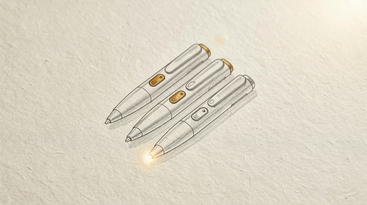 Redaksjonell linjeillustrasjon av tre vektmedisin-penner stablet på gråhvit papir med en varm amber dose-kurve som aksent