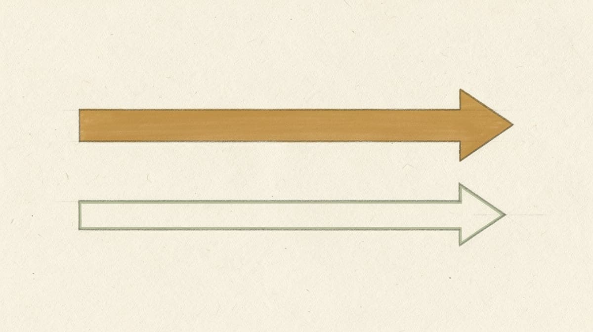 Minimalistisk redaksjonelt diagram som kontrasterer en godkjent legemiddel-vei med en forskningsforbindelse-vei, to parallelle piler på varm gråhvit papir