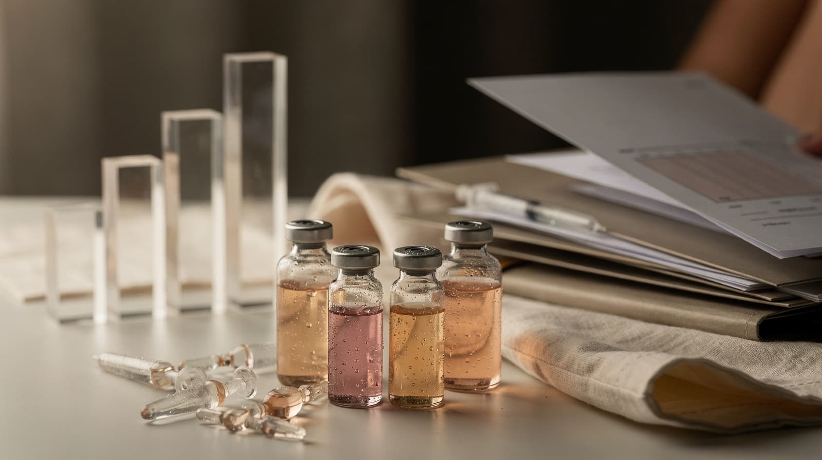 Umerkede peptidampuller og hetteglass ved siden av akrylblokker og en perm med trykte studietabeller, til en guide om peptider for kvinner