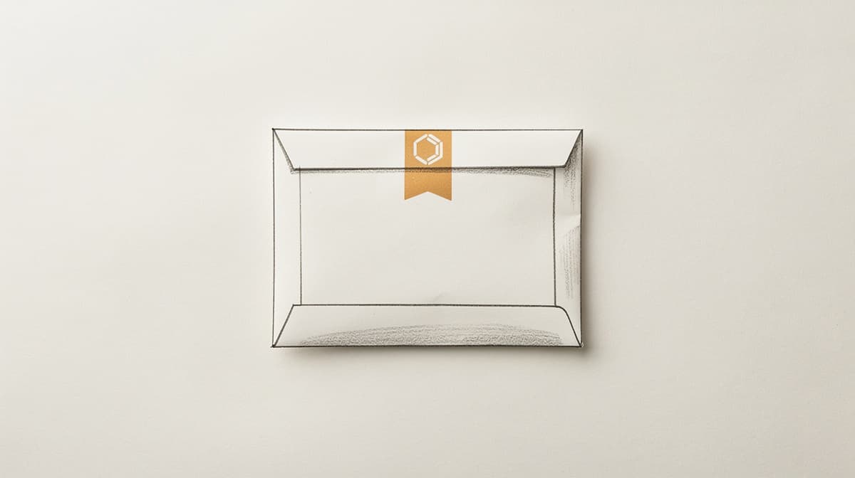 Abstract editorial composition of a sealed parcel with a warm amber customs-stopped indicator on off-white paper, architectural drafting aesthetic