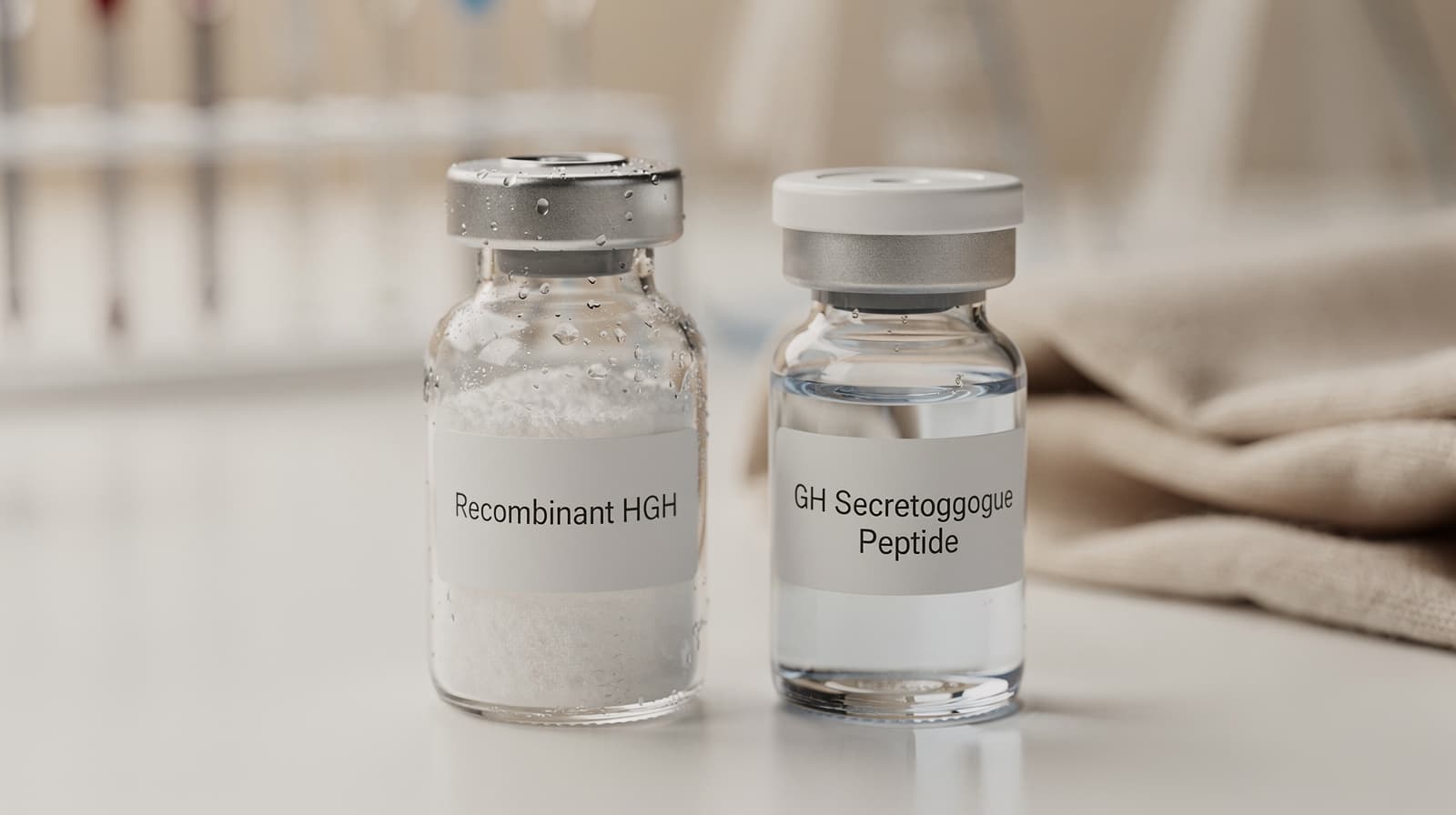 Illustrasjon side om side av et hetteglass med rekombinant veksthormon og et hetteglass med GH-frisettende peptid på en klinisk forskningsbenk.