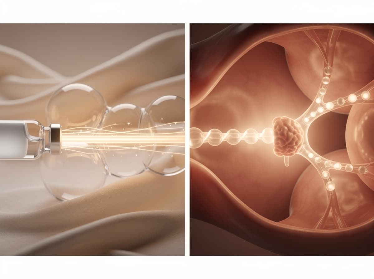 Diagram som kontrasterer direkte rhGH-erstatning med hypofysedrevet pulsatil frigjøring utløst av GHRH-analoger og ghrelin-reseptor sekretagoger.
