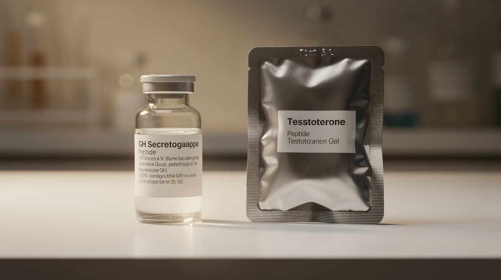 Side-by-side composition of a GH secretagogue peptide vial and a testosterone gel sachet on a clinical lab bench for a head-to-head comparison.