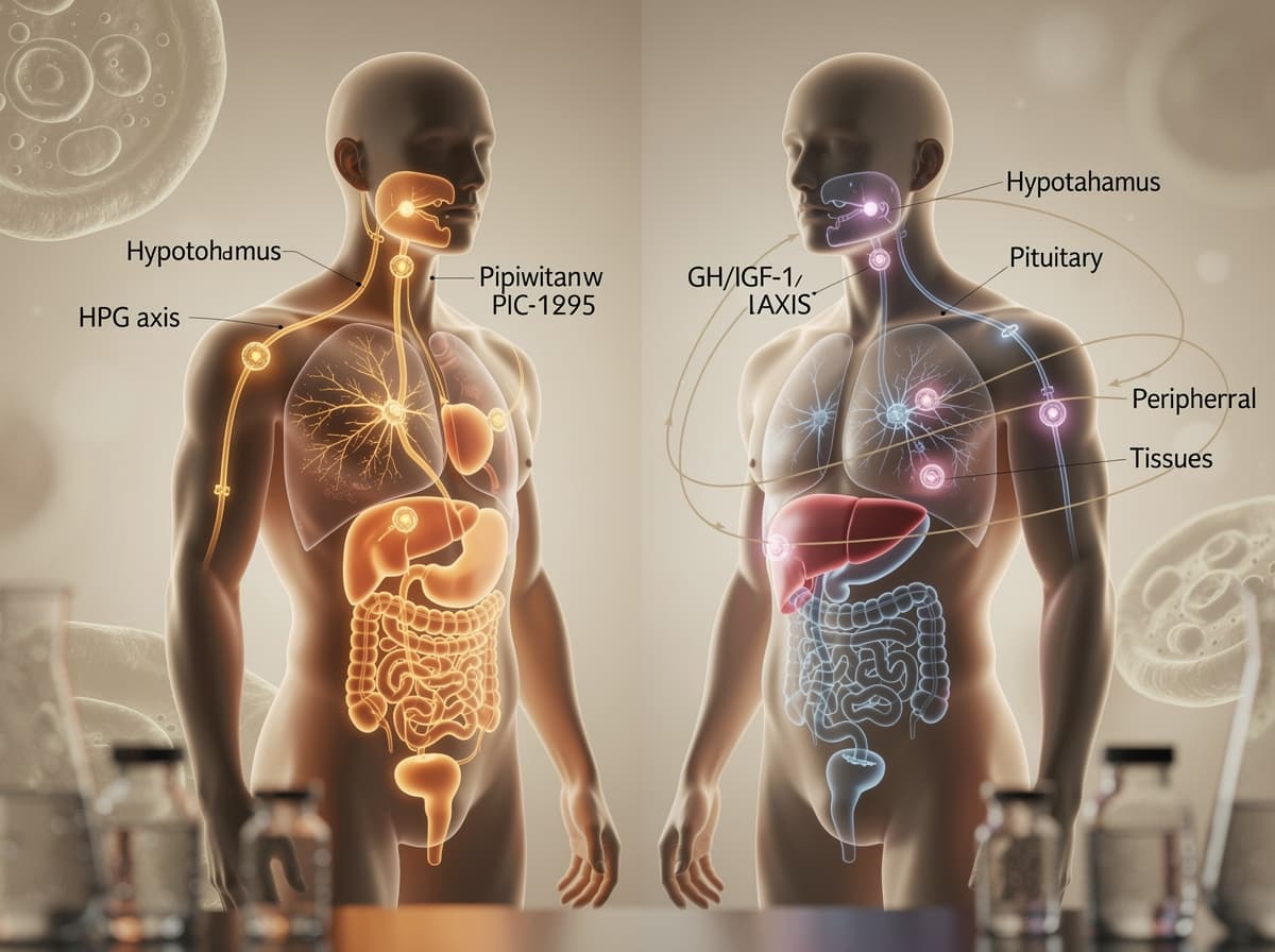 Diagram comparing the HPG axis targeted by TRT versus the GH/IGF-1 axis targeted by secretagogue peptides like CJC-1295 and ipamorelin.
