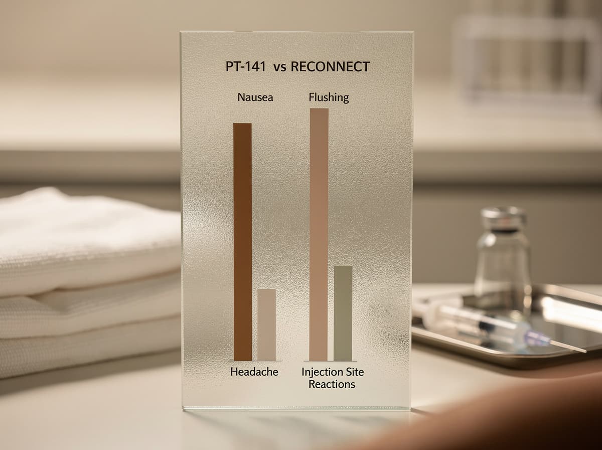 Bar chart comparing incidence of nausea, flushing, headache, and injection site reactions for PT-141 versus placebo from RECONNECT trial data.