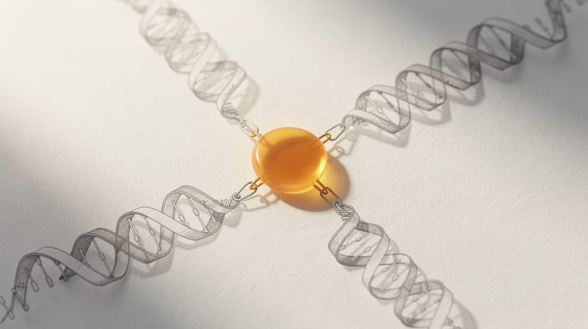 Abstrakt illustrasjon av tre peptidbånd som konvergerer mot en sentral varm amber-node, trippelagonist-komposisjon på gråhvit papir