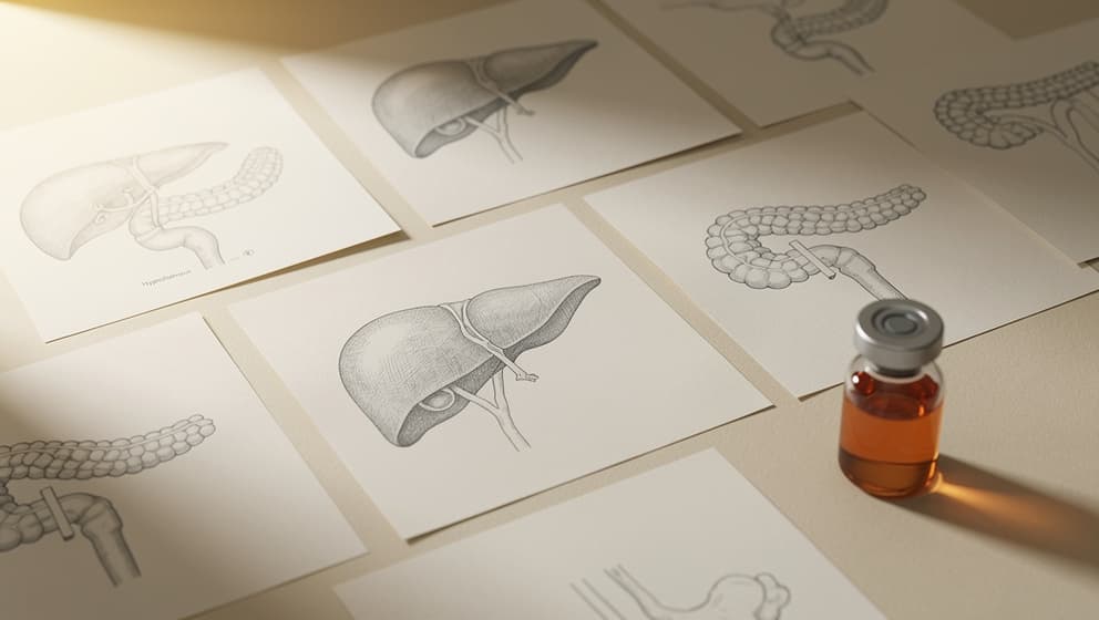 Redaksjonell stilleben av spredte tidsskrift-sider med anatomiske pankreas-, lever- og hypothalamus-linjetegninger og et enkelt amber hetteglass, forskningsdesk-estetikk