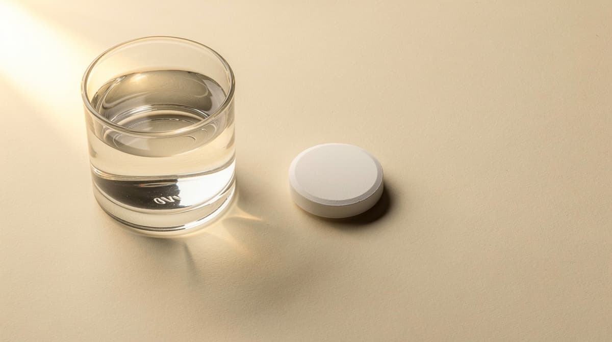 En umerket hvit tablett ved siden av et lite glass vann på en kremfarget flate, som viser oral semaglutid.
