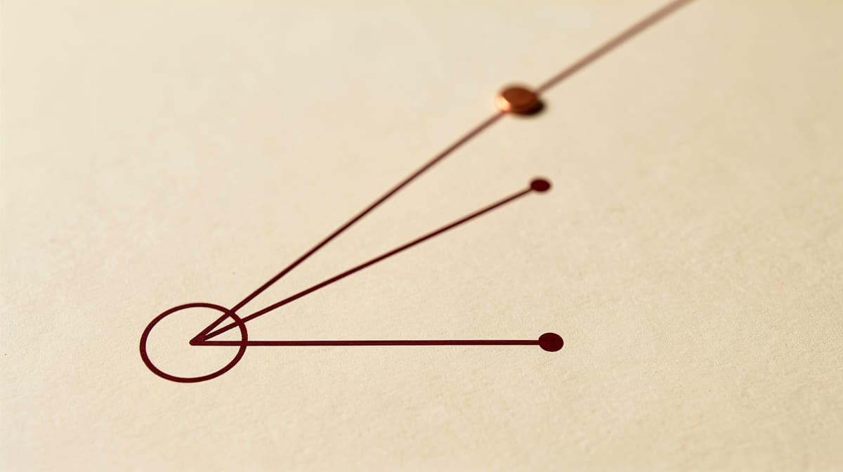 Abstrakt linjediagram der linjer går ut fra samme punkt, og den høyeste ender i en kobberfarget prikk.