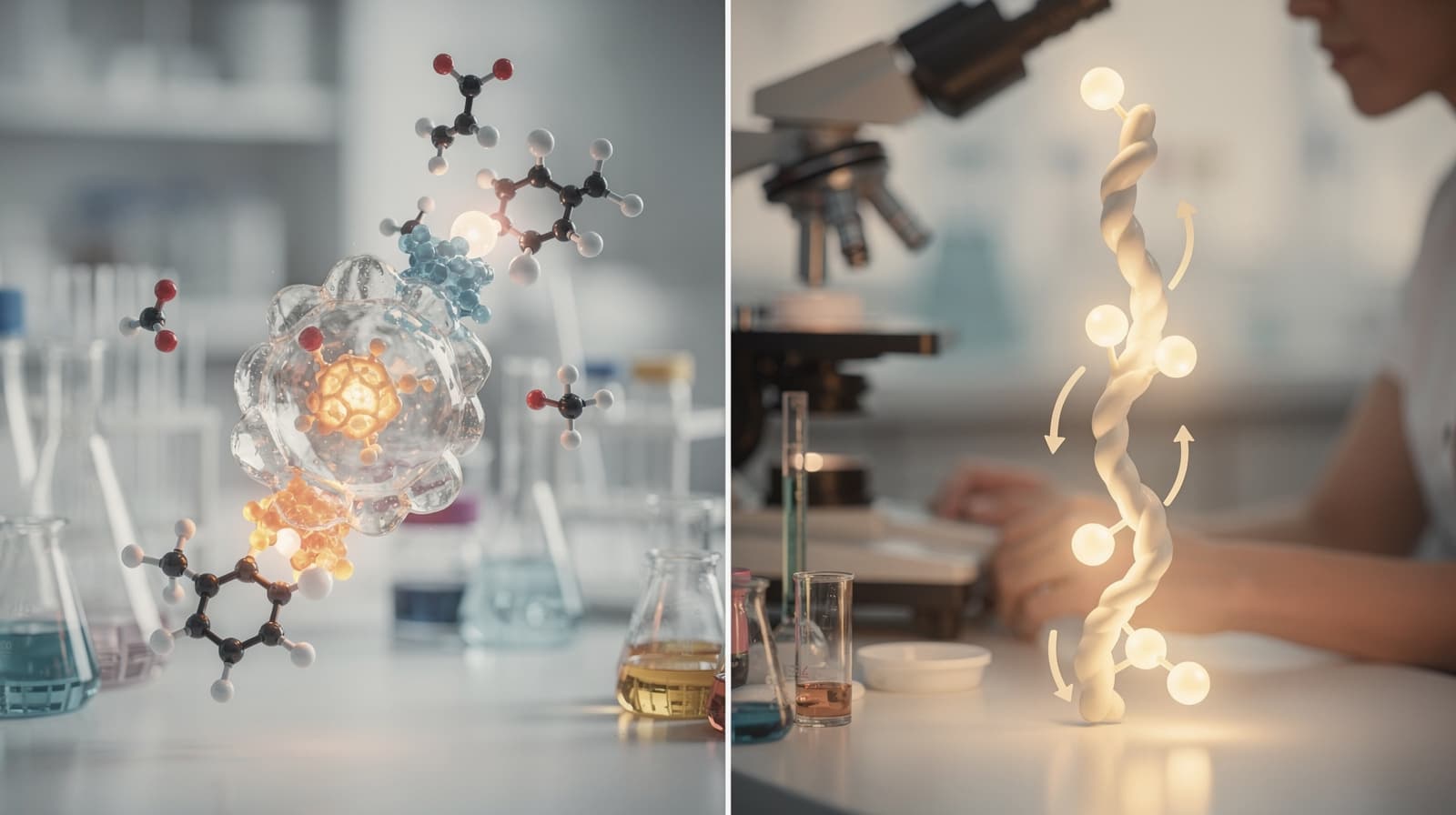 Delt vitenskapelig illustrasjon som sammenligner en SARM androgenreseptor-modell med en peptid-signalkaskade på laboratoriebakgrunn.