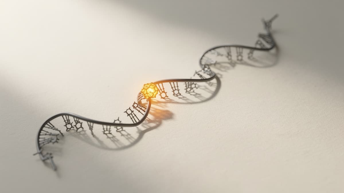 Scientific illustration of a long peptide ribbon with a warm amber active region on off-white paper, editorial style