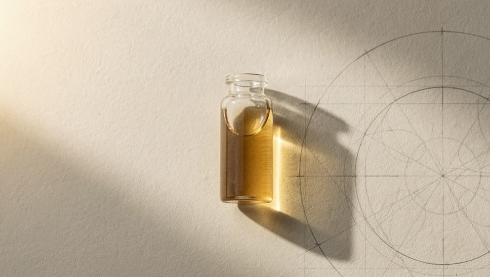 Redaksjonell stilleben av enkelt lukket glass-laboratorieglass med blek amber væske på varm gråhvit papir med arkitektonisk referansegeometri