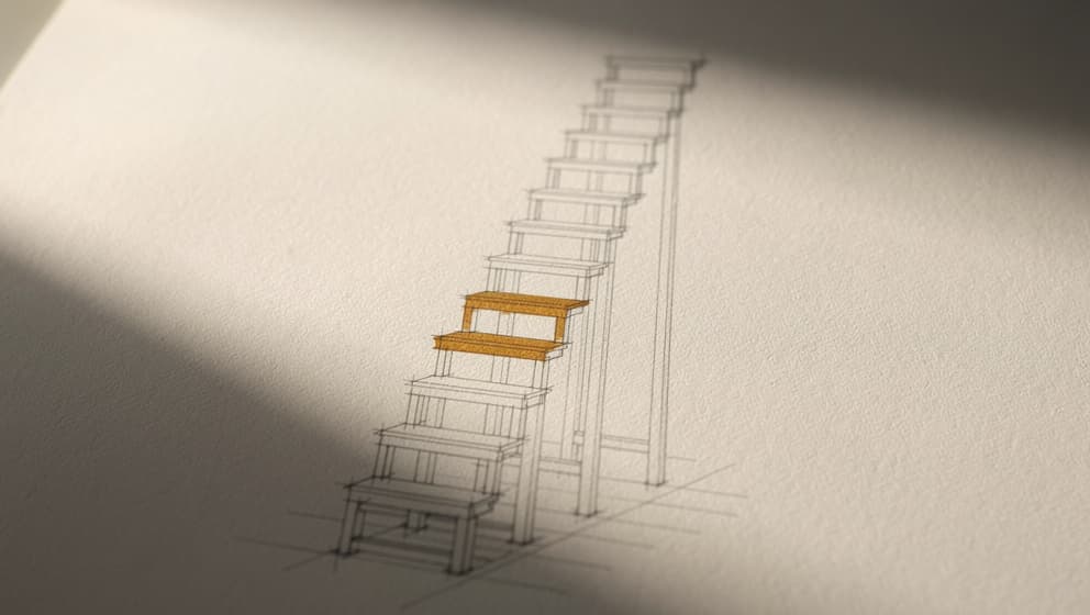 Arkitektonisk diagram av proporsjonal dose-titreringsstige i redaksjonell linjekunst på gråhvit papir med varm amber-aksent på ett mellomtrinn
