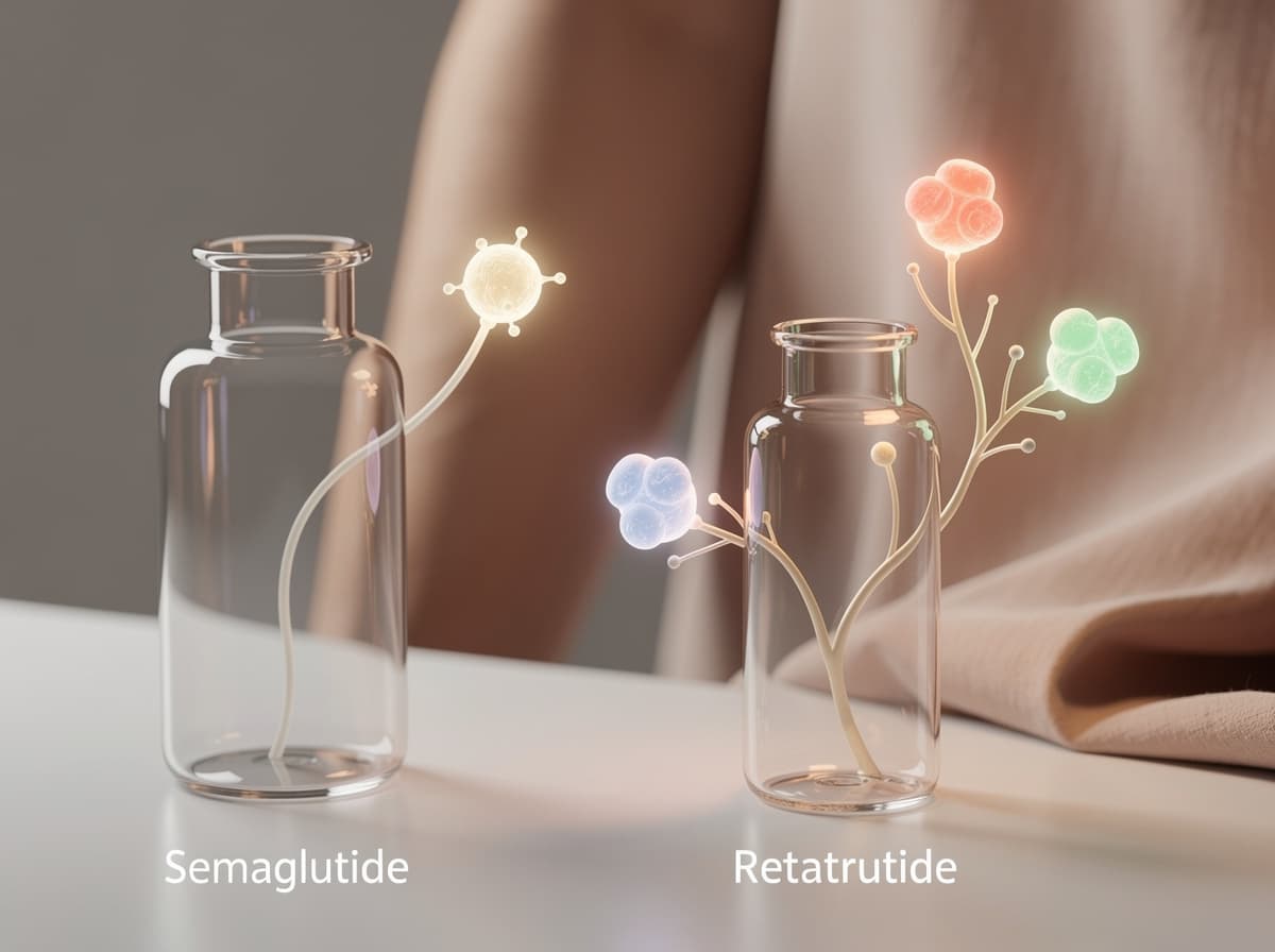 Diagram som kontrasterer semaglutids enkeltmål på GLP-1-reseptoren med retatrutids trippelbinding til GIP-, GLP-1- og glukagonreseptorer.