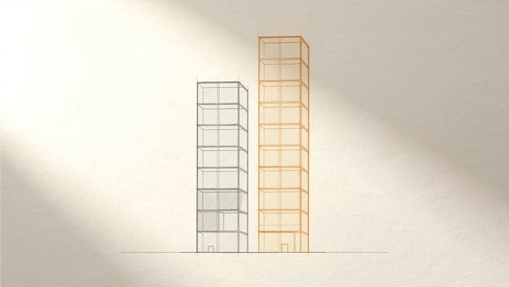 Architectural line-art bar chart of two adjacent vertical bars on off-white paper, one charcoal and one taller warm amber, minimal editorial aesthetic