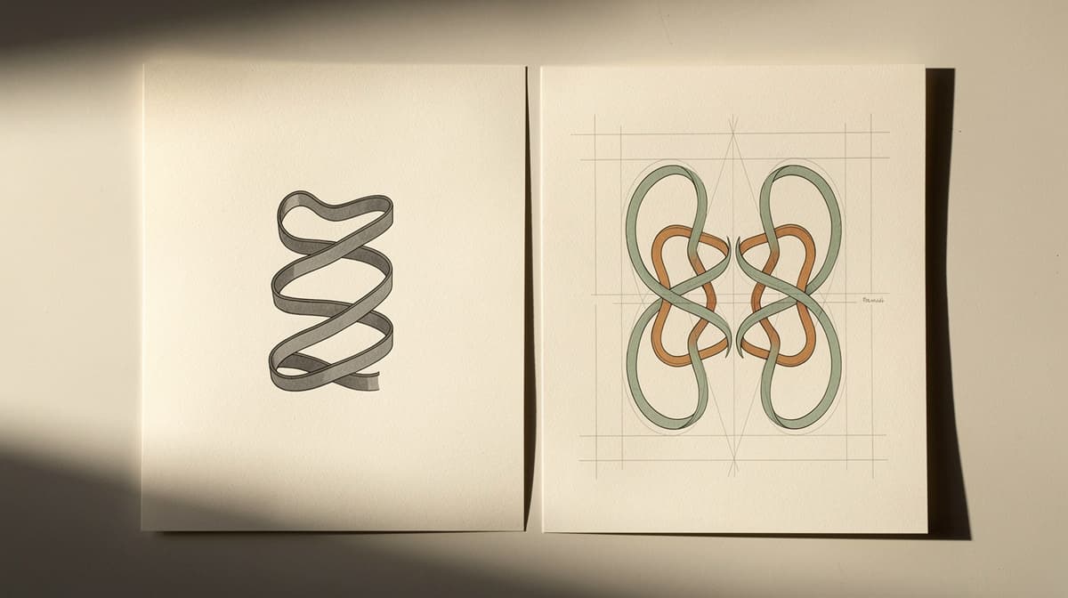 Split-frame with a single peptide ribbon on left and two intertwined ribbons on right, amber and sage accents, editorial line-art