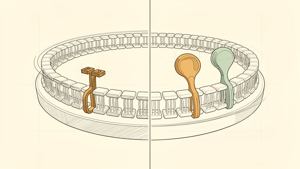 Delt cellulær illustrasjon med én reseptor til venstre og to distinkte reseptorer til høyre, redaksjonell linjekunst med amber- og sage-aksenter
