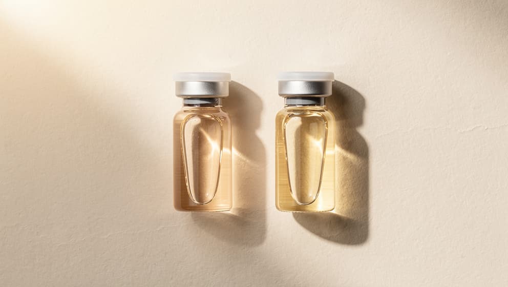 Ovenfra-stilleben av to distinkte lukkede laboratorieglass side om side med blek amber væske på gråhvit papir, symmetrisk sammenligningskomposisjon