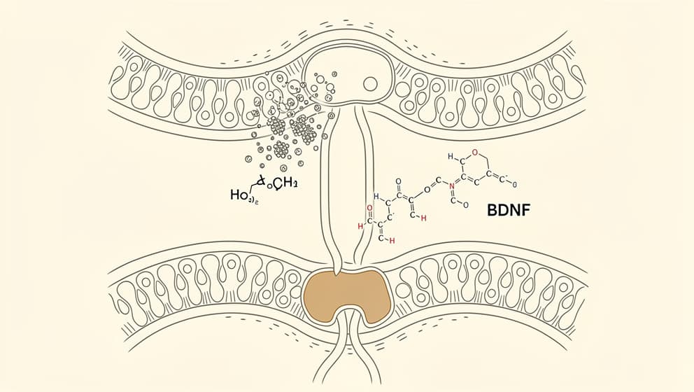 Minimalistisk redaksjonell strektegning av en synaptisk spalte i ren kontur, der et peptidmolekyl binder en post-synaptisk reseptor og utløser BDNF-frigjøring til den post-synaptiske nevronet, myk kremfarget bakgrunn med en varm gulltone-aksent på reseptoren