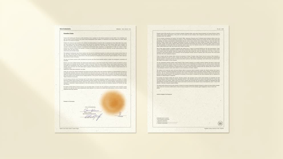 Redaksjonell delt komposisjon på kremfarget bakgrunn som kontrasterer to abstrakte regulatoriske dokumenter side om side, det ene med et mykt varmt ravgult stempel synlig, det andre umerket, vitenskapelig dokumentestetikk, ingen flagg eller menneskefigurer