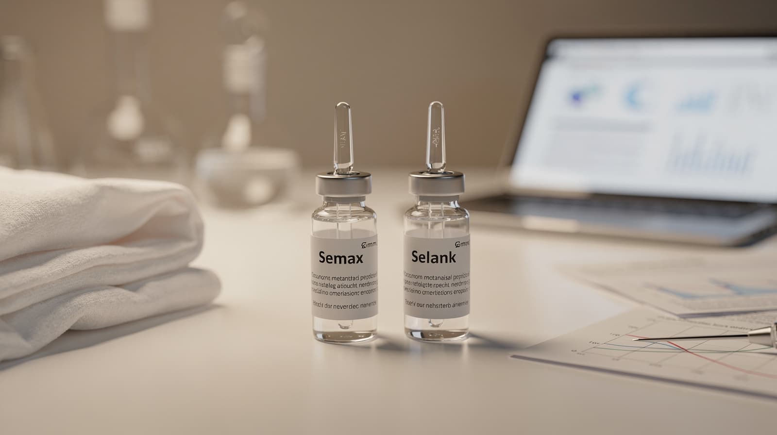 Two labelled intranasal peptide vials side by side on a clinical bench, representing a Semax versus Selank mechanism and evidence comparison.