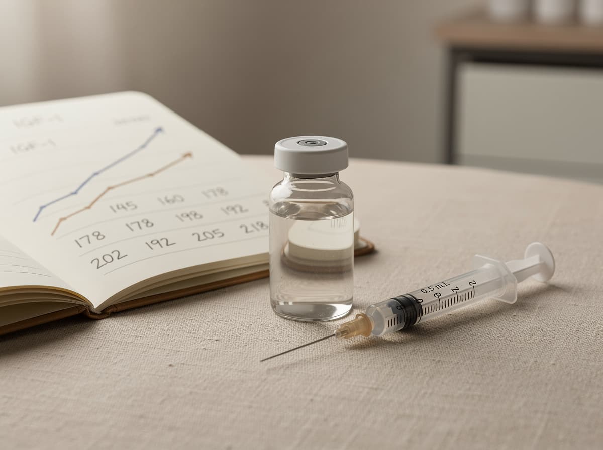 Reconstituted sermorelin vial next to a 0.5 mL insulin syringe and a logbook showing weekly IGF-1 values trending from 145 to 218 ng per mL.