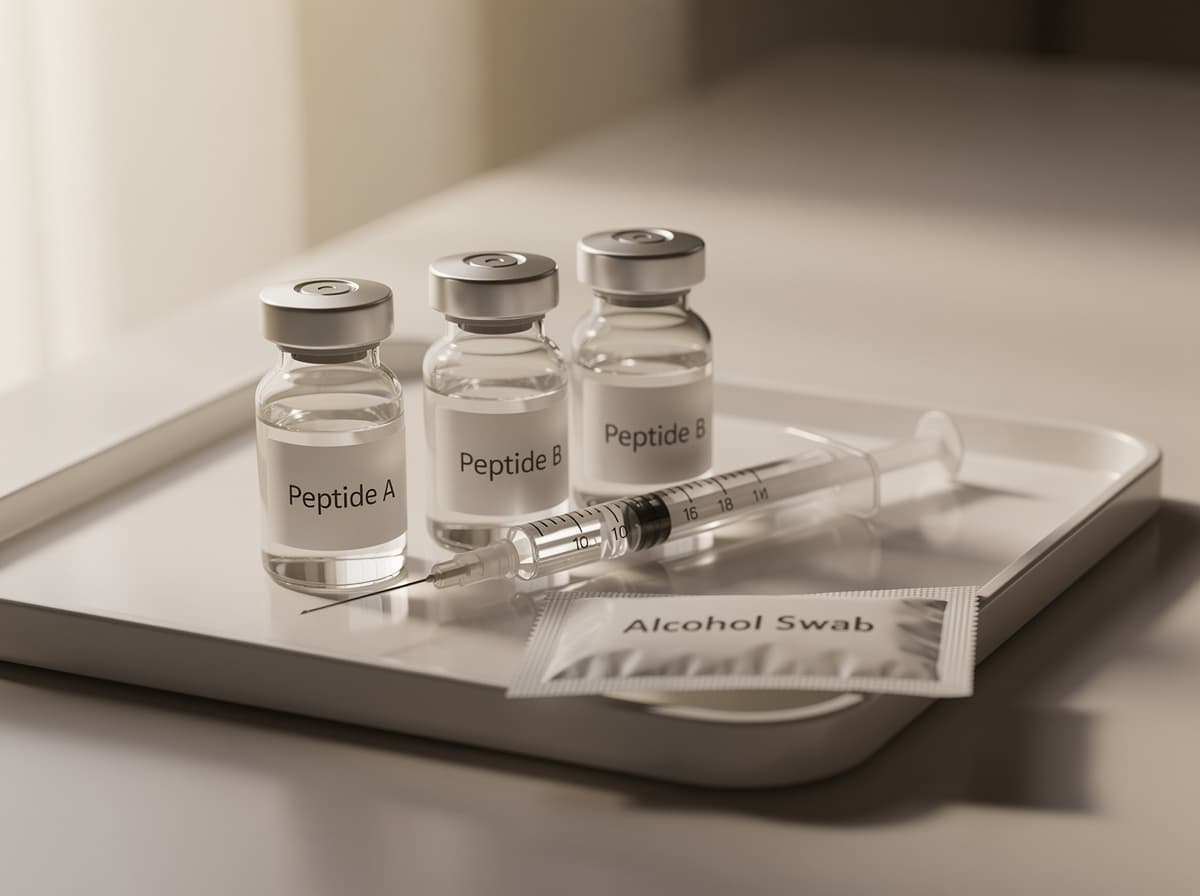 Subcutaneous injection setup with two reconstituted peptide vials, syringe, and alcohol swab on a sterile surface.