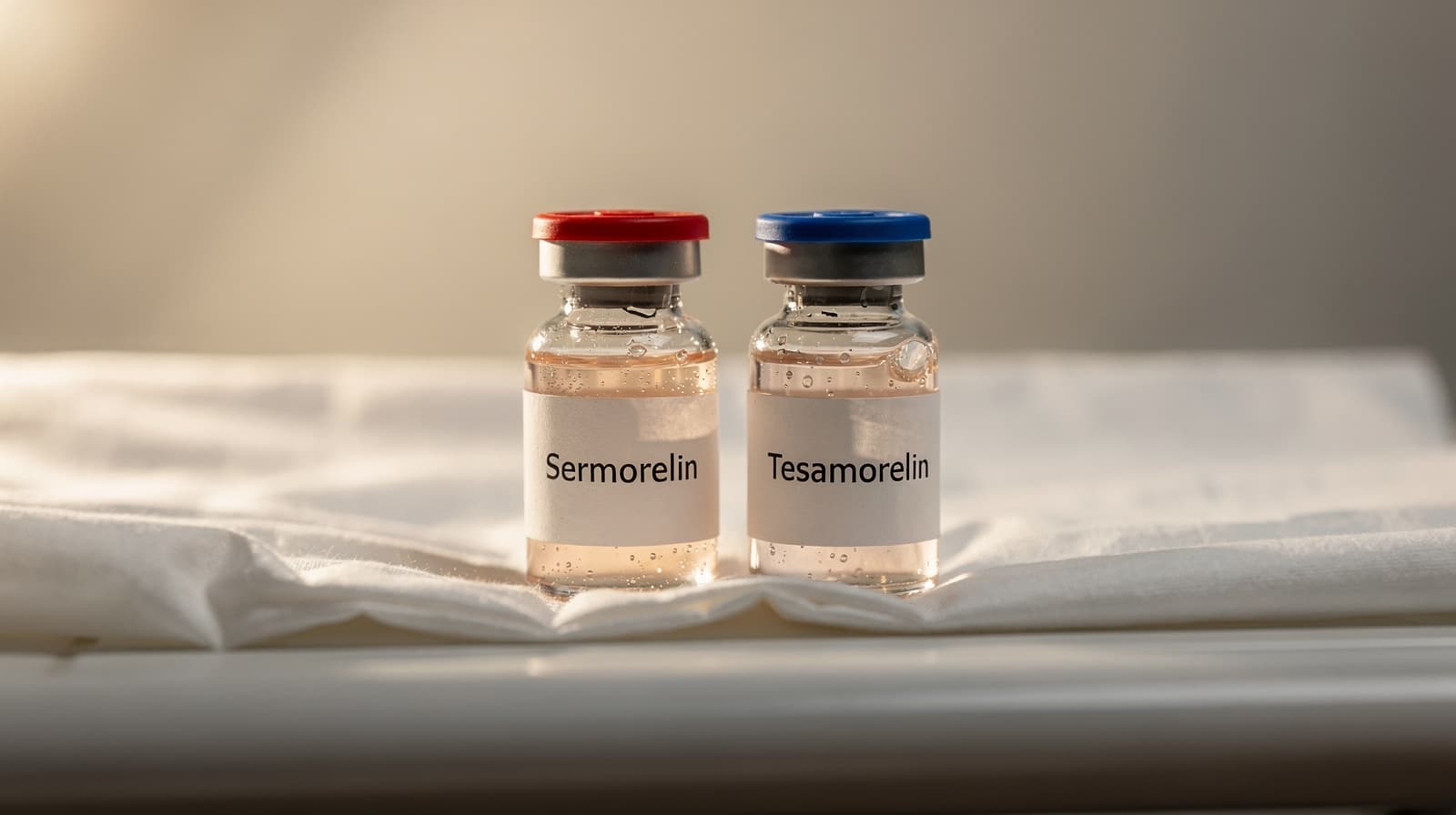 Two labeled vials of GHRH analog peptides on a clinical bench, representing the sermorelin and tesamorelin head-to-head comparison.