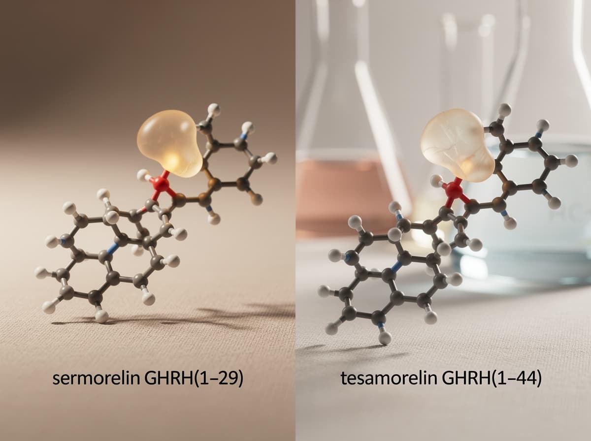 Side-by-side diagram of sermorelin GHRH(1-29) and tesamorelin GHRH(1-44) structures showing the trans-3-hexenoyl N-terminal modification.