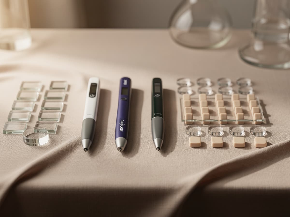 Side-by-side comparison of Wegovy, Mounjaro, Saxenda, and Ozempic pen injectors with dosing schedules.