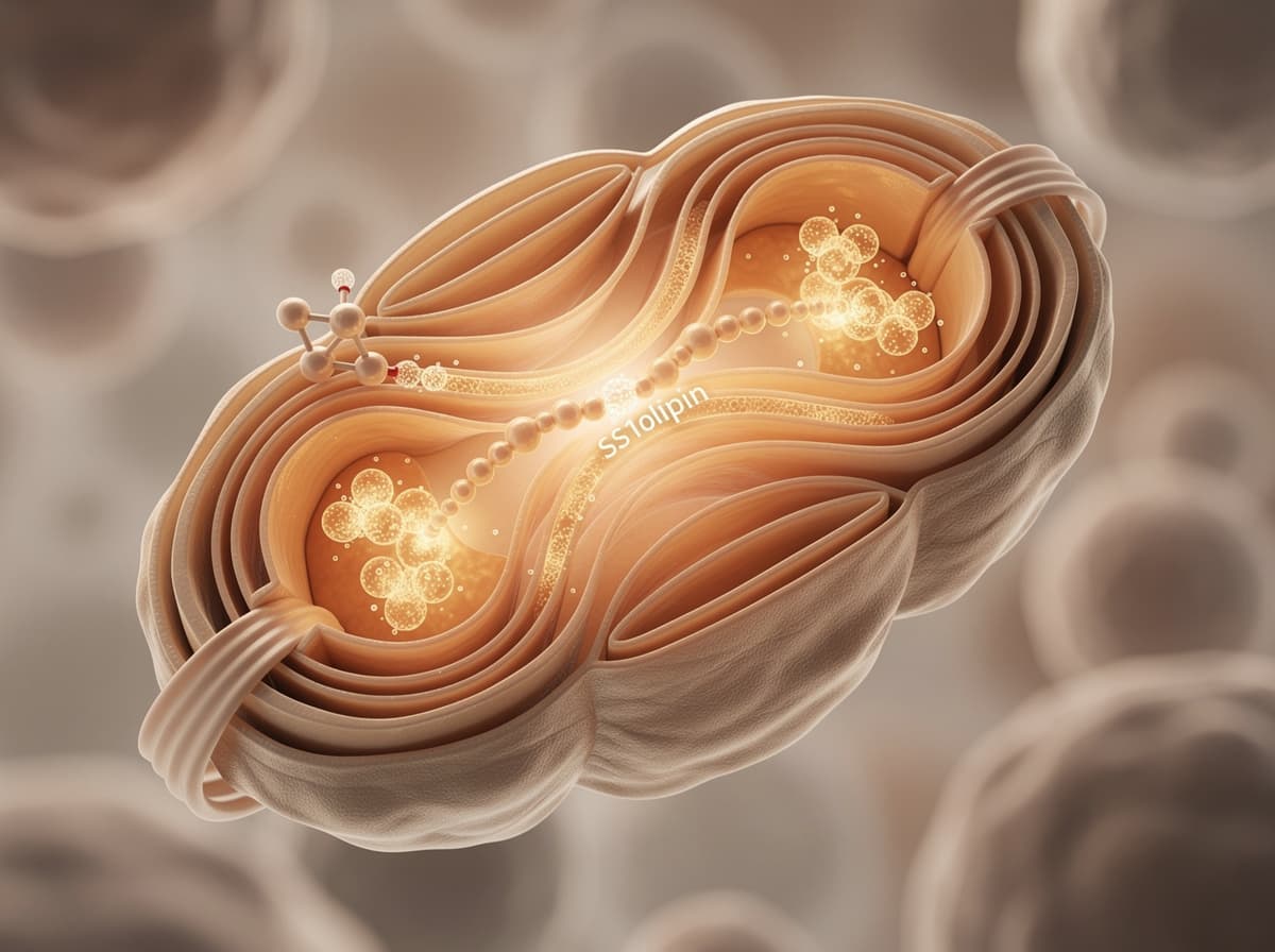Diagram som viser SS-31 tetrapeptid som binder kardiolipin på den indre mitokondriemembranen og stabiliserer cristae-folder.