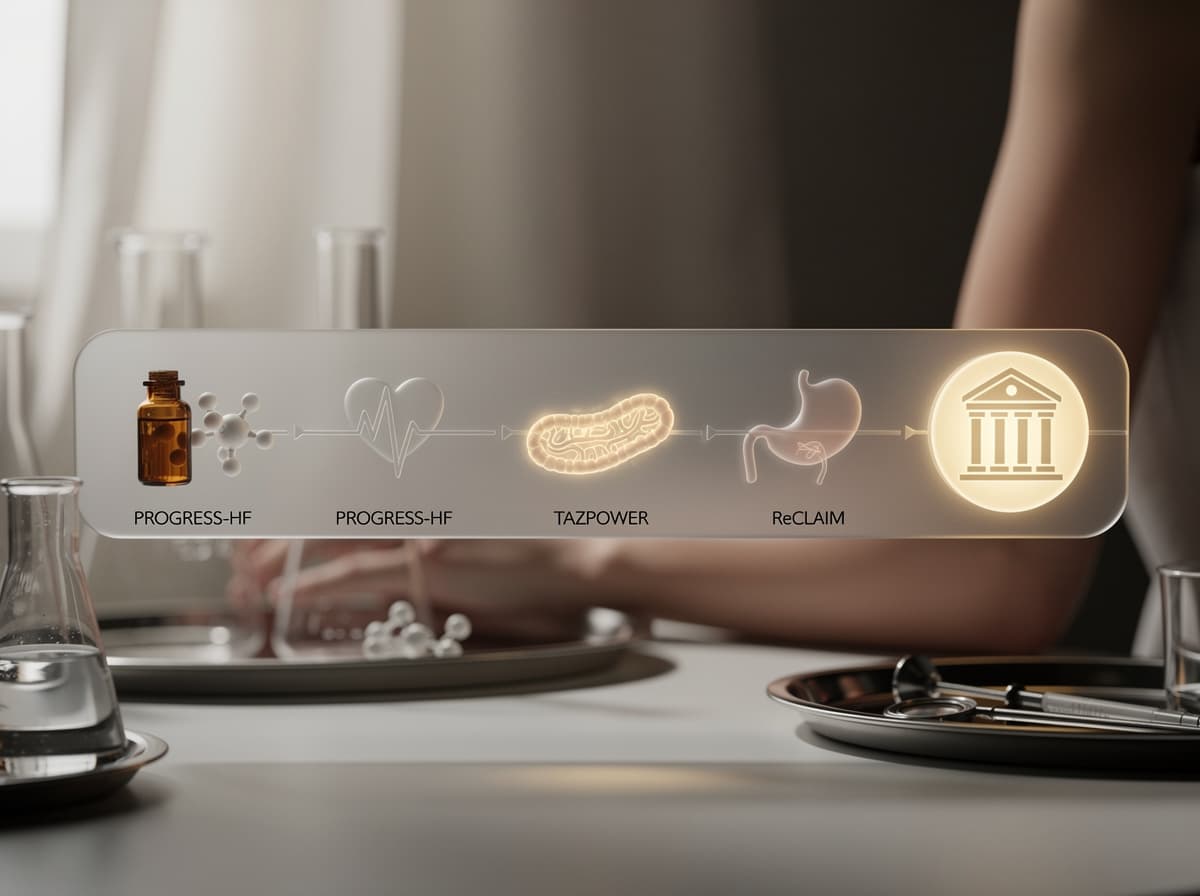 Tidslinjegrafikk som viser SS-31-utvikling fra Szeto-Schiller-oppdagelsen gjennom PROGRESS-HF, TAZPOWER, ReCLAIM og FDA-godkjenning i september 2025.