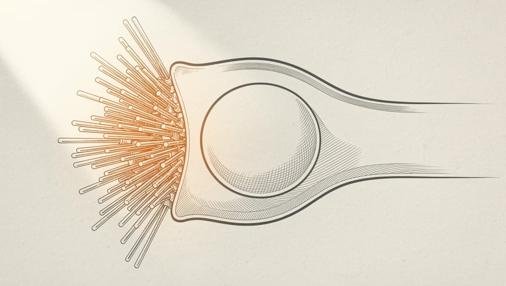 Abstract cellular illustration of cell migration with actin polymerization at the leading edge, warm amber accent highlighting the active polymerizing front