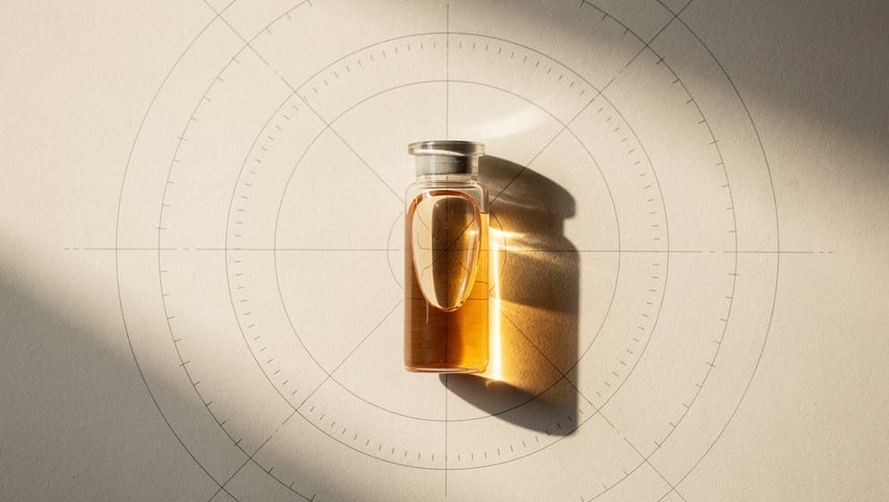 Top-down still-life of a closed laboratory vial with amber liquid centered on a calibration blueprint with unmarked tick marks, architectural aesthetic