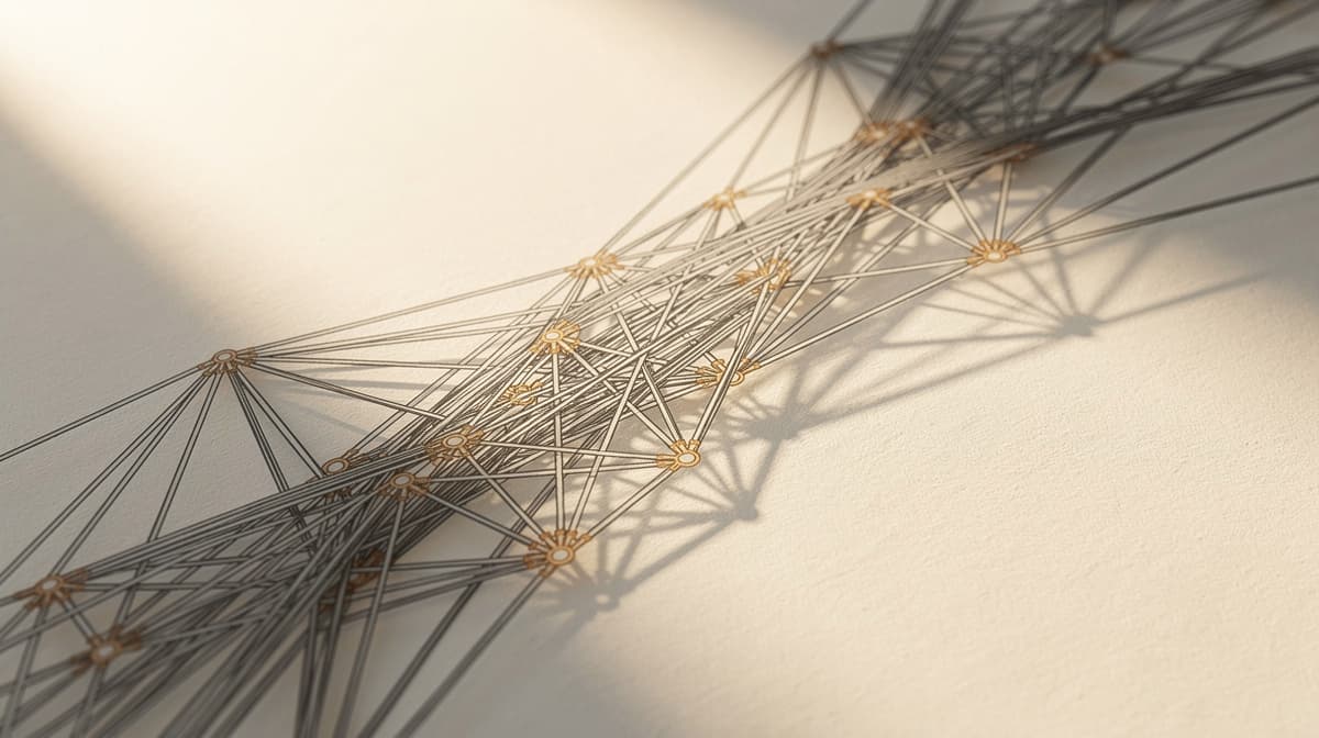Abstract illustration of actin cytoskeleton filaments flowing diagonally with amber polymerization accents on off-white paper, editorial line-art